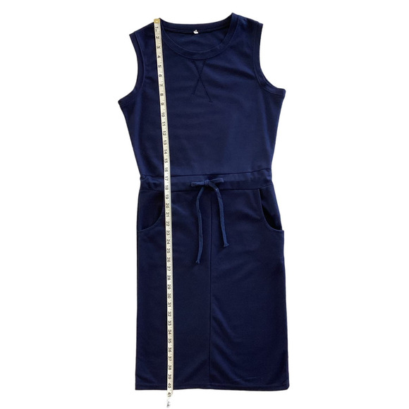 Essentials Basic Sleeveless Casual Drawstring Midi Dress Navy Size Medium - Picture 6 of 10